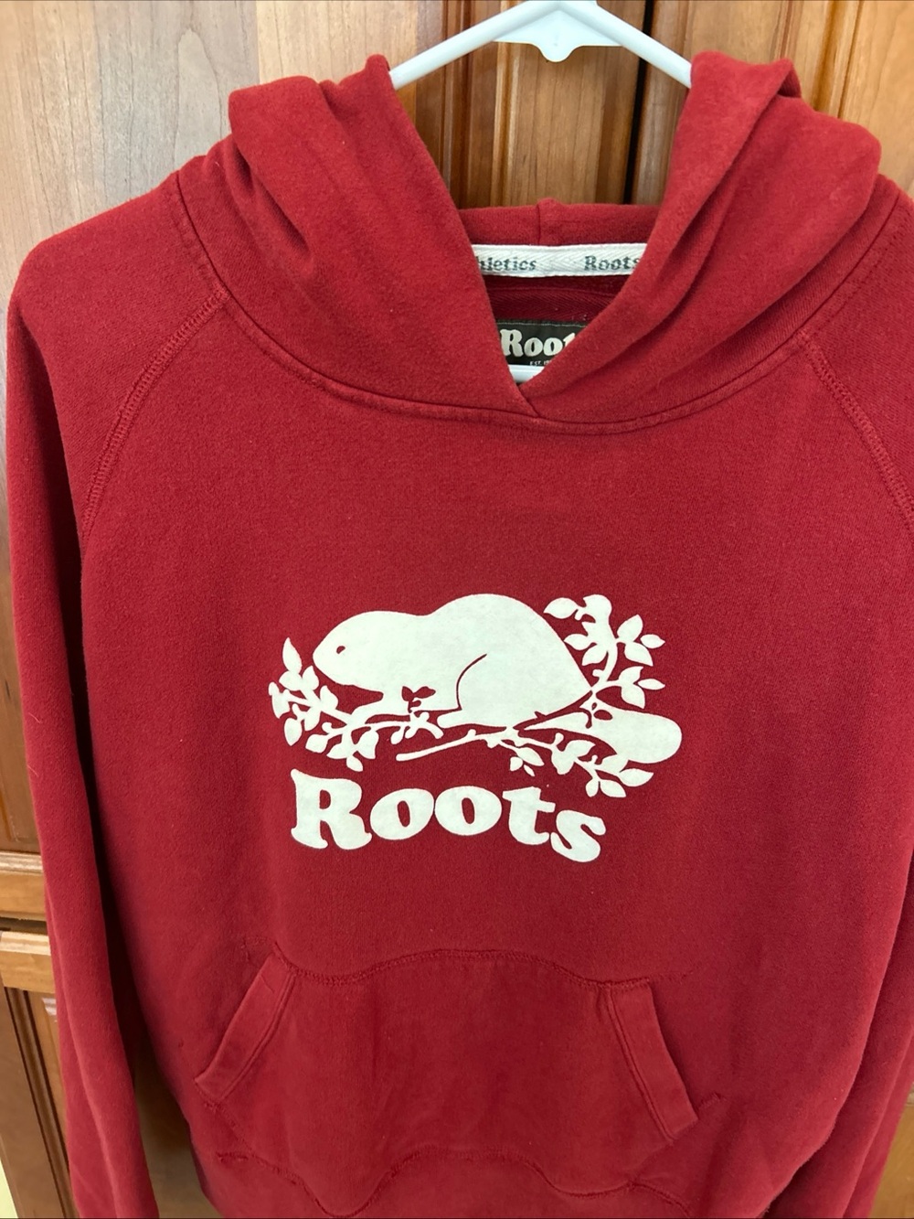 Roots Red Hoodie with White velvety Beaver Logo